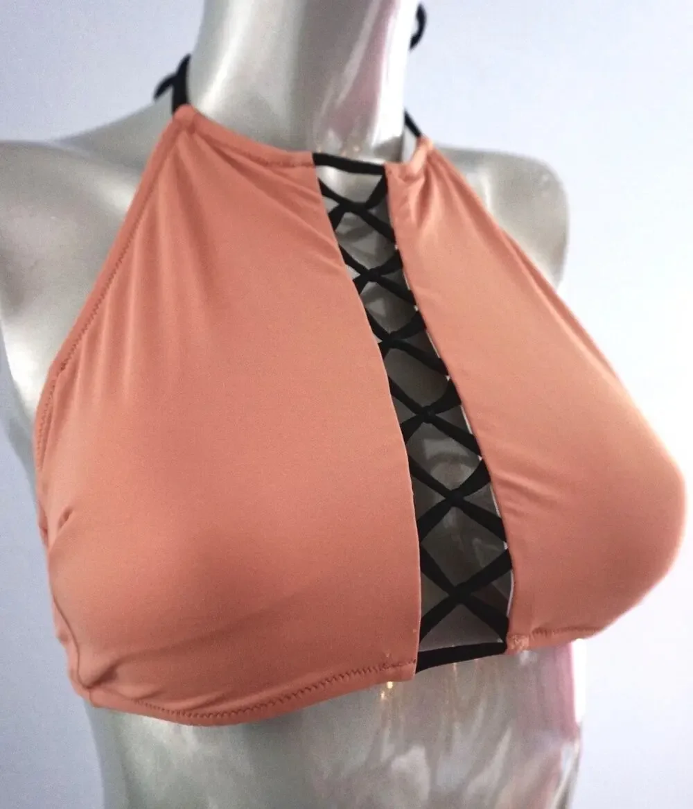 PINK Victoria's Secret Bronzer Caged Strappy High Neck Crop Bikini Top Small